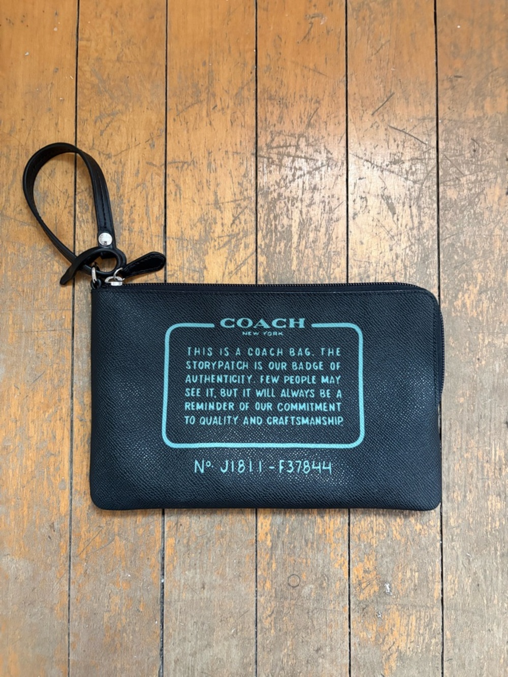 COACH Story Patch Black Leather Wristlet Pouch with Teal Logo